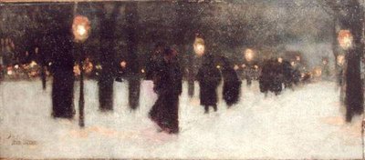 Over het plein op een winteravond, ca. 1885-86 door Childe Frederick Hassam