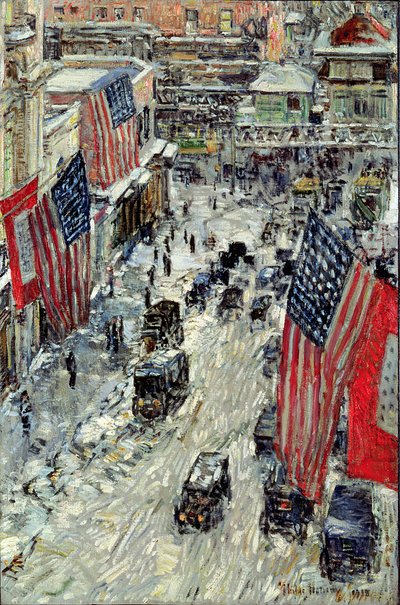 Vlaggen op 57th Street, winter 1918 door Childe Frederick Hassam