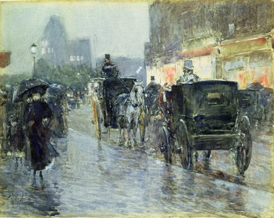 Paardentrams in de Avond, New York, c.1890 door Childe Frederick Hassam