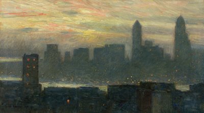 Mistige zonsondergang in Manhattan door Childe Frederick Hassam