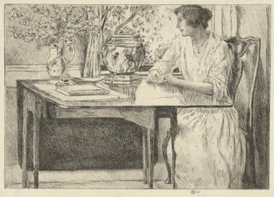 De koloniale tafel (Holley House, Cos Cob) (recto); Landschap met schuur (verso) door Childe Hassam