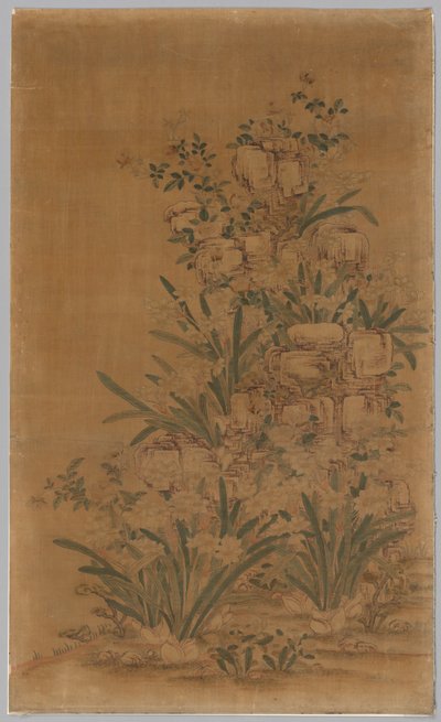 Kesi-paneel: Rotsen en Narcissen door China, Qing dynasty