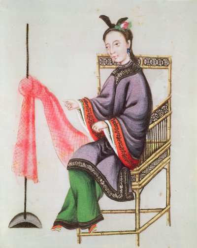 Een Chinese vrouw maakt een visnet, Qianlong-periode (1736-96) door Chinese School