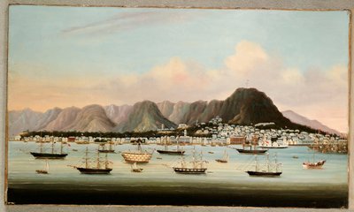 Een Zicht op Victoria, Hong Kong, met de Hulk H.M.S Princess Charlotte en Amerikaanse, Britse en Franse Schepen, ca. 1862 door Chinese School