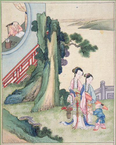 Een man die schrijft en zijn familie aan de oever van een rivier door Chinese School