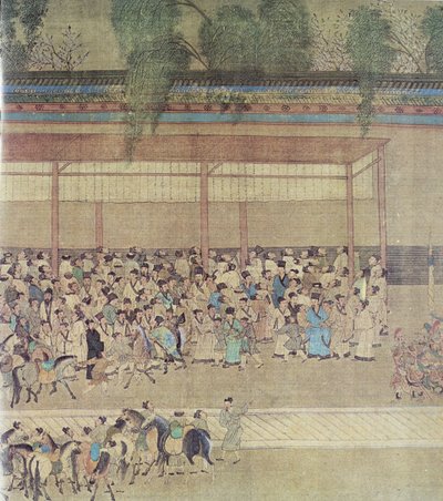 Oude Chinezen wachten op examenresultaten, facsimile van originele Chinese rol door Chinese School