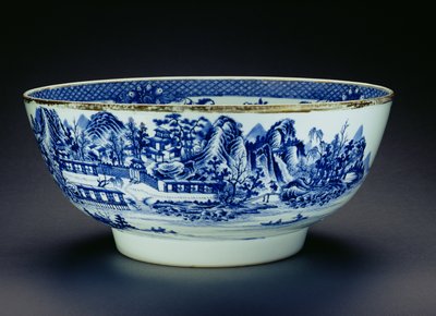 Blauw-witte kom versierd met een scène die de vervaardiging van porselein toont (porselein) door Chinese School