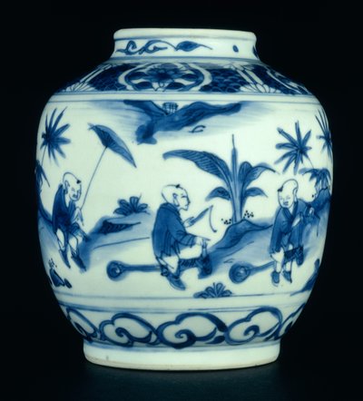 Blauw-witte pot beschilderd met spelende jongens op stokpaardjes, Wanli of Chongzheng, 1600-30 door Chinese School