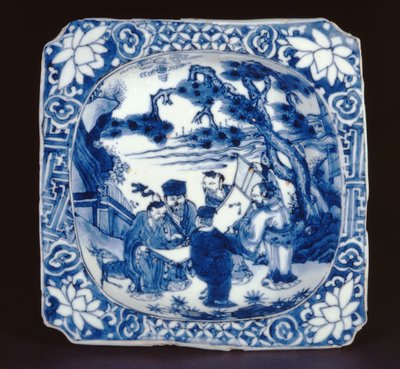 Blauw-witte kosometsuke vierkante schaal beschilderd met Shoulao en andere onsterfelijken, Tianqi, 1621-27 (porselein) door Chinese School