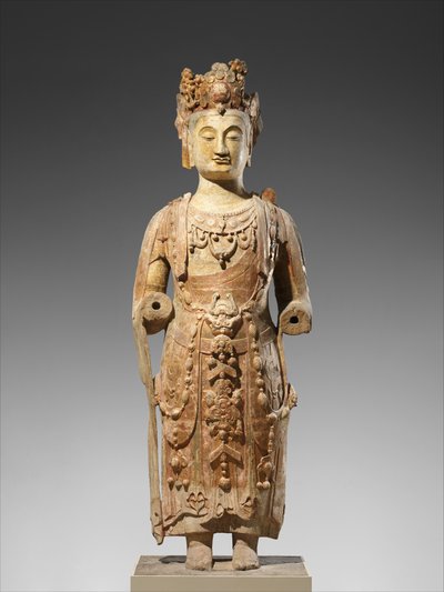 Bodhisattva, waarschijnlijk Avalokiteshvara (Guanyin), c.550-60 (zandsteen met pigment) door Chinese School
