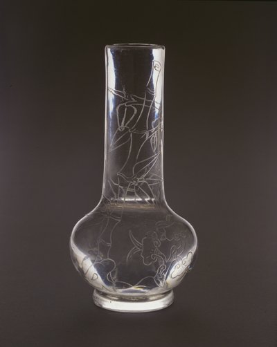 Fles gegraveerd met bamboe, lingzhi-schimmelplanten en rotsen, Qianlong-markering en periode, 1736-95 (glas) door Chinese School