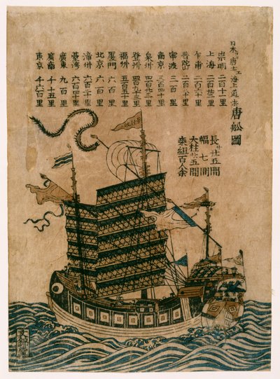Chinees Schip (Tosen Zu) met vermelding van de zeeroute van China naar Japan (kleur houtsnede) door Chinese School