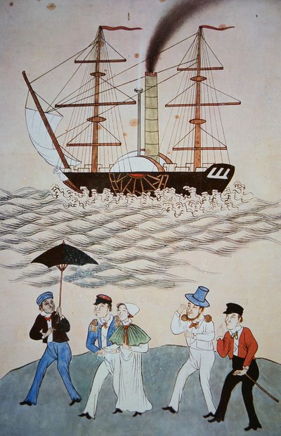 Chinese schilderij van het eerste Britse stoomschip en passagiers die in Canton aankomen, c.1840 door Chinese School