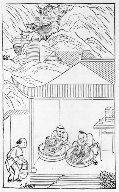 Verzamelen en wassen van het blauwe email voor kleuring, uit een serie illustraties over de productie van porselein door Chinese School
