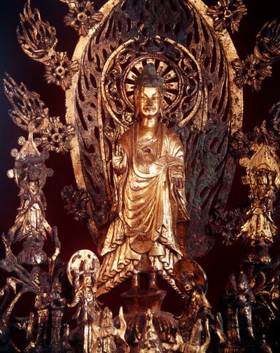 (detail) van een altaarstuk gewijd aan Boeddha Maitreya, 524 door Chinese School