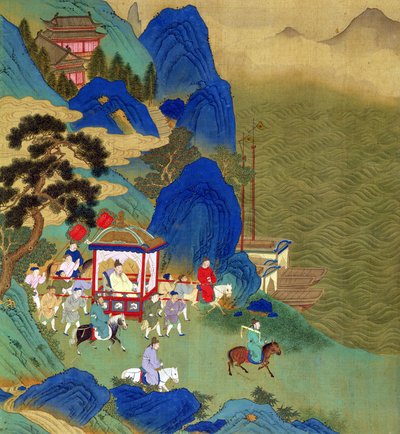 Keizer Chin Wang Ti (221-206 v.Chr.) reizend in een draagstoel, uit een geschiedenis van Chinese keizers (kleur op zijde) door Chinese School