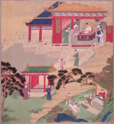 Keizer Tai Tsung (r.762-779) leest een medisch boek, uit een geschiedenis van Chinese keizers door Chinese School
