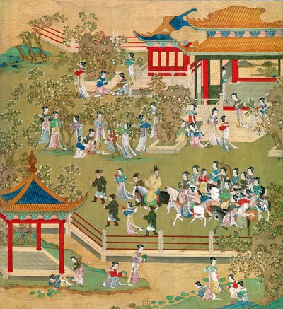 Keizer Yang Ti (581-618) wandelend in zijn tuinen met zijn vrouwen, uit een geschiedenis van Chinese keizers door Chinese School
