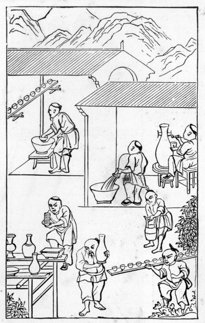 Emailleren, uit een serie illustraties over de productie van porselein door Chinese School