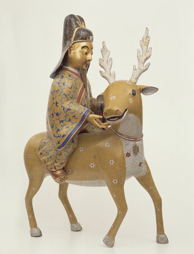 Beeld van een onsterfelijke die op een hert rijdt (cloisonne-email) door Chinese School