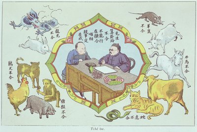 Waarzeggerij scène en tekens van de Chinese dierenriem, gereproduceerd in Recherche sur les superstitions en Chine door pater Henri Doré en gepubliceerd in 1911 door Chinese School