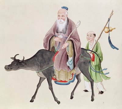 Lao-Tzu (c.604-531) op zijn buffel, gevolgd door een discipel door Chinese School