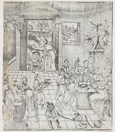 Lazarus in het huis van de rijke man, plaat uit Giulio Alenis Tianzhu jiangsheng zhuxiang jingjie (Een geïllustreerde geschiedenis van de Heer des Hemels die vleesgeworden is) door Chinese School
