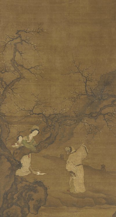 Man en vrouw die van pruimenbloesems genieten, Ming of Qing dynastie, 15e-18e eeuw door Chinese School