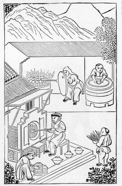 Openen en sluiten van ovens, uit een serie illustraties over de productie van porselein door Chinese School