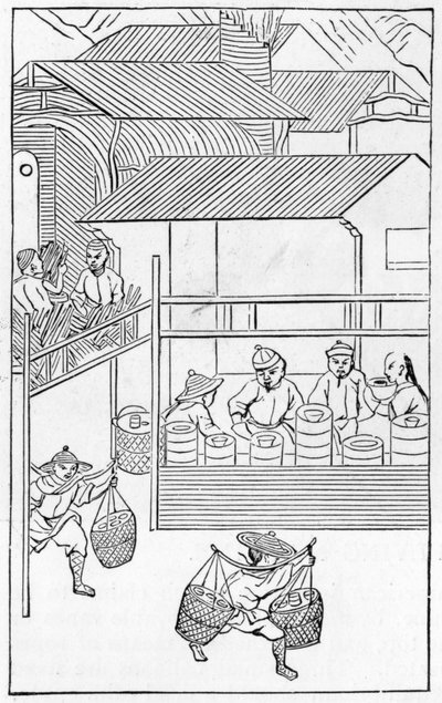 Inpakken en transporteren van eindproducten, uit een serie illustraties over de productie van porselein door Chinese School