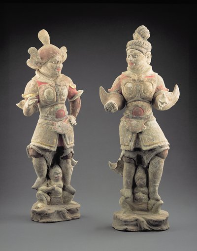 Paar Lokapala-figuren, Tang-dynastie (618-907) (aardewerk) door Chinese School