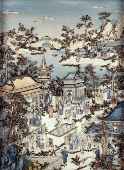 Paneel met een waardigheidsbekleder en begeleiders die een vrouwelijke danser bekijken, Qianlong-periode, 1736-95 door Chinese School