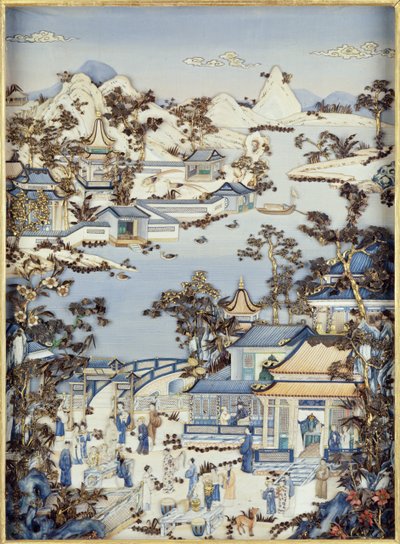Panelen met figuren op een terras, Qianlong-periode, 1736-95 door Chinese School