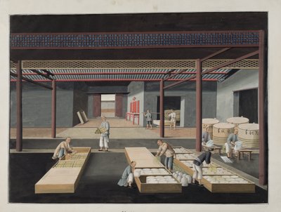 Het Verpakken en Inpakken van Schalen en Borden, plaat 12 in een serie van twaalf die het proces van Chinese porseleinproductie uitbeelden, 19e eeuw door Chinese School