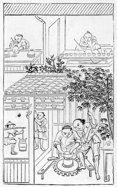 Draaien van kommen, uit een serie illustraties over de productie van porselein door Chinese School
