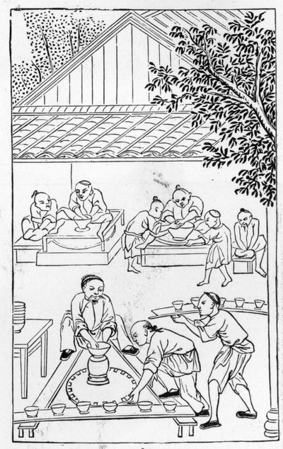 Draaien van kopjes, uit een serie illustraties over de productie van porselein door Chinese School