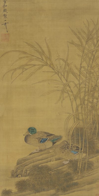 Twee eenden tussen riet aan de waterkant, Ming of Qing dynastie, 15e-18e eeuw door Chinese School