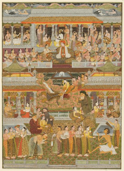 Liefhebbers en geliefden: Een composiet van scènes uit Perzische, Urdu en Sanskriet literatuur, ca. 1735 door Chitarman II