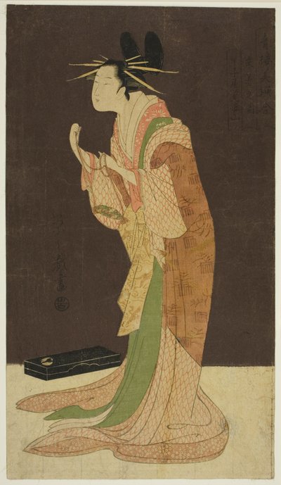 Een selectie van schoonheid uit de plezierwijken (Seiro bisen awase): Misayama van de Chojiya in nachtkleding (Tokogi no zu - Chojiya Misayama) door Chobunsai Eishi