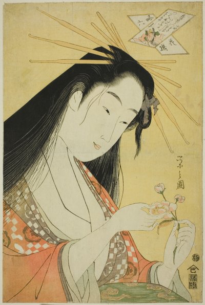 Een selectie van zes bloemen - Een parodie Rokkasen (Yatsushi Rokkasen): Ono no Komachi door Chobunsai Eishi