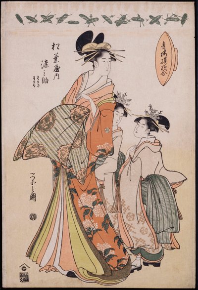 Een Volledig Portret van de Courtisane Somenosuke Vergezeld door Twee Kamuro door Chobunsai Eishi