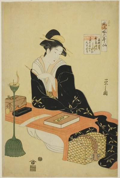 Een elegante parodie op de zes poëtische onsterfelijken (Furyu yatsushi rokkasen): De priester Kisen door Chobunsai Eishi