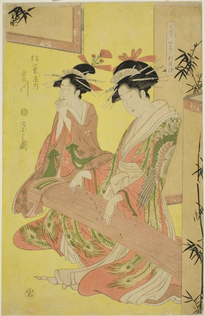 Schoonheden die de Zeven Wijzen Parodiëren - Een Selectie van Jongere Courtisanes (Shichi kenjin yatsushi bijin shinzo zoroe): Miyagawa van de Matsubaya door Chobunsai Eishi