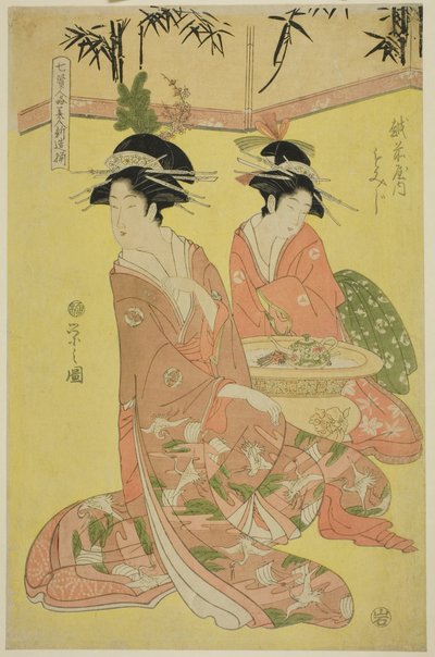 Schoonheden die de Zeven Wijzen Parodiëren - Een Selectie van Jongere Courtisanes: Momiji van de Echizenya door Chobunsai Eishi