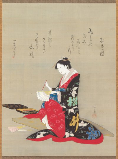 Schoonheid schrijft een gedicht op een waaier door Chobunsai Eishi