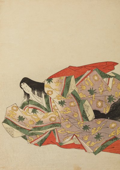 Hofdame zittend in een lichtviolet gewaad met groen en geel patroon, plaat uit het album: Nishiki-zuri onna sanju rokkasen e-zukushi door Chobunsai Eishi