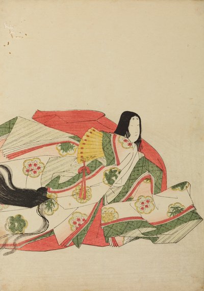 Zittende hofdame met een gele waaier, plaat uit het album: Nishiki-zuri onna sanju rokkasen e-zukushi door Chobunsai Eishi