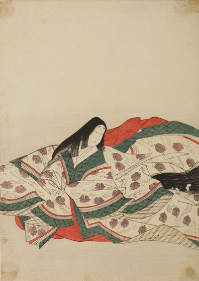 Hofdame in witte kimono met een patroon van eendjes op het water, plaat uit het album: Nishiki-zuri onna sanju rokkasen e-zukushi door Chobunsai Eishi
