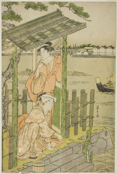 Verzameling bij een theehuis aan de oever van de Sumida-rivier door Chobunsai Eishi