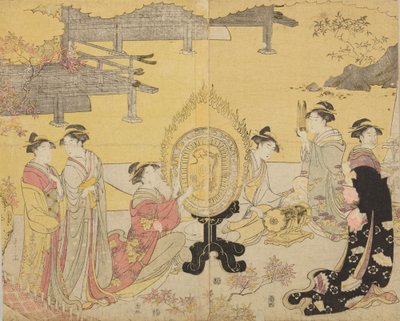 Groep vrouwen met muziekinstrumenten, uit de serie Furyu yatsushi Genji door Chobunsai Eishi